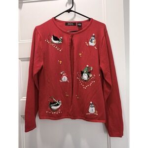 Crystal Kobe Vintage Snowman Christmas Sweater Cardigan Beading Size Large